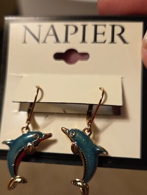 Napier Teal and Gold Dolphin Drop Earrings
